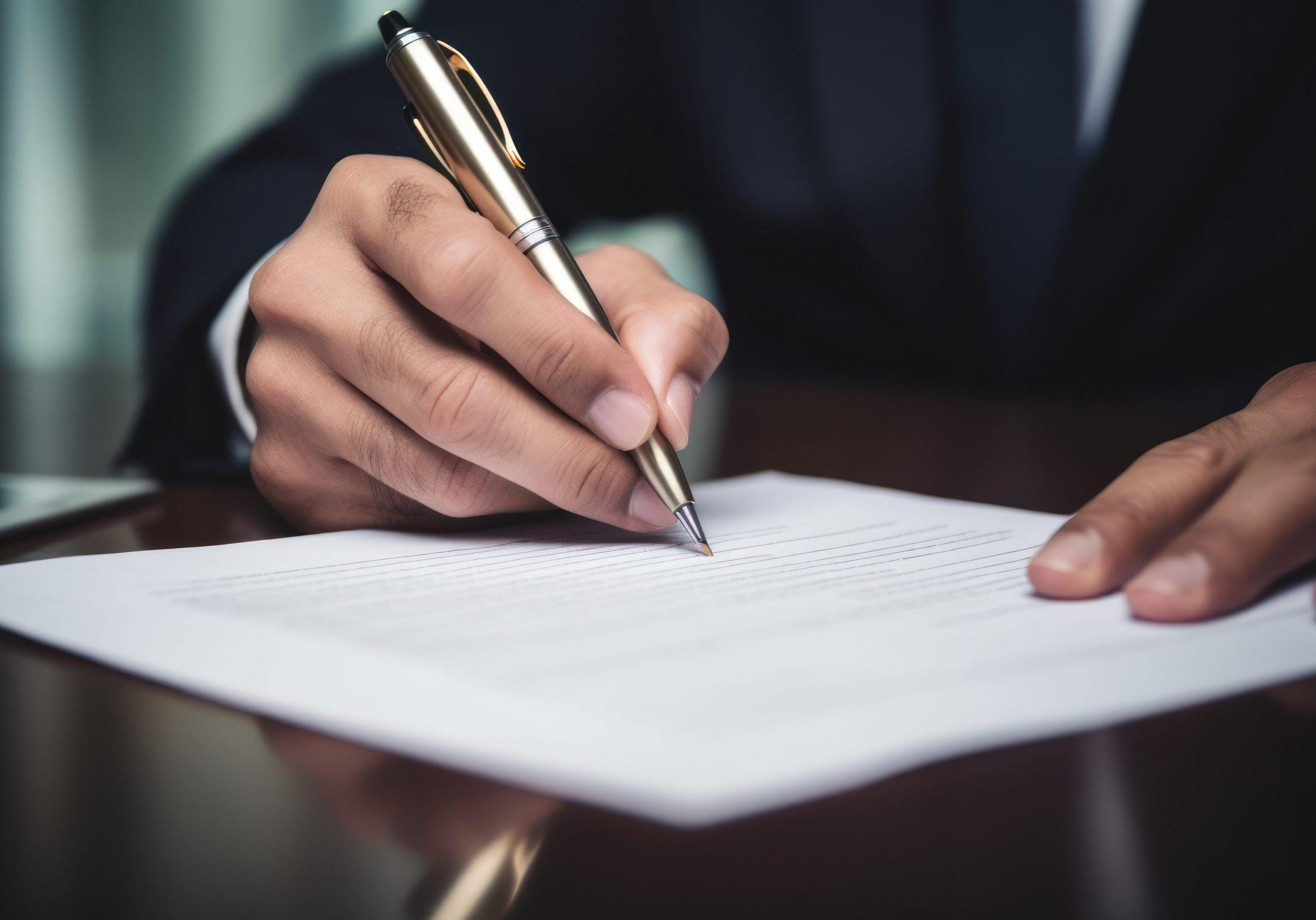 a male businessman with a suit signing a document with his pen by writing down his signature. filling out a paper blank check form paper on a desk in business office. Generative AI